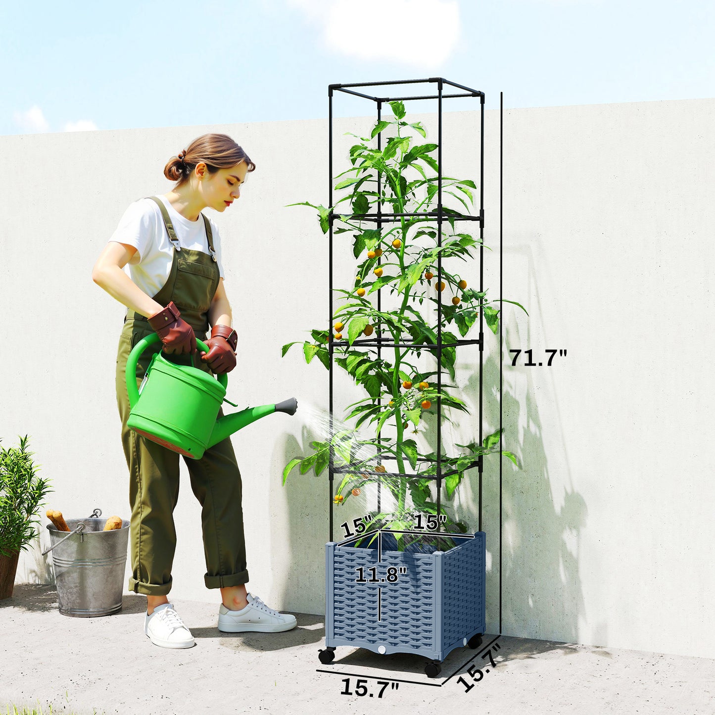 Raised Garden Bed with Trellis and Lockable Wheels - Self Watering Planter, Gray 440x440x160mm