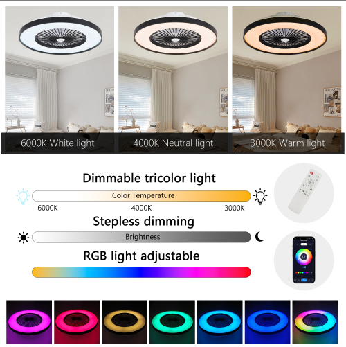 Black Ceiling Fan Light with LED RGB Color-Changing & Remote Control – Modern Dimmable Smart Ceiling Fan for Living Room & Bedroom