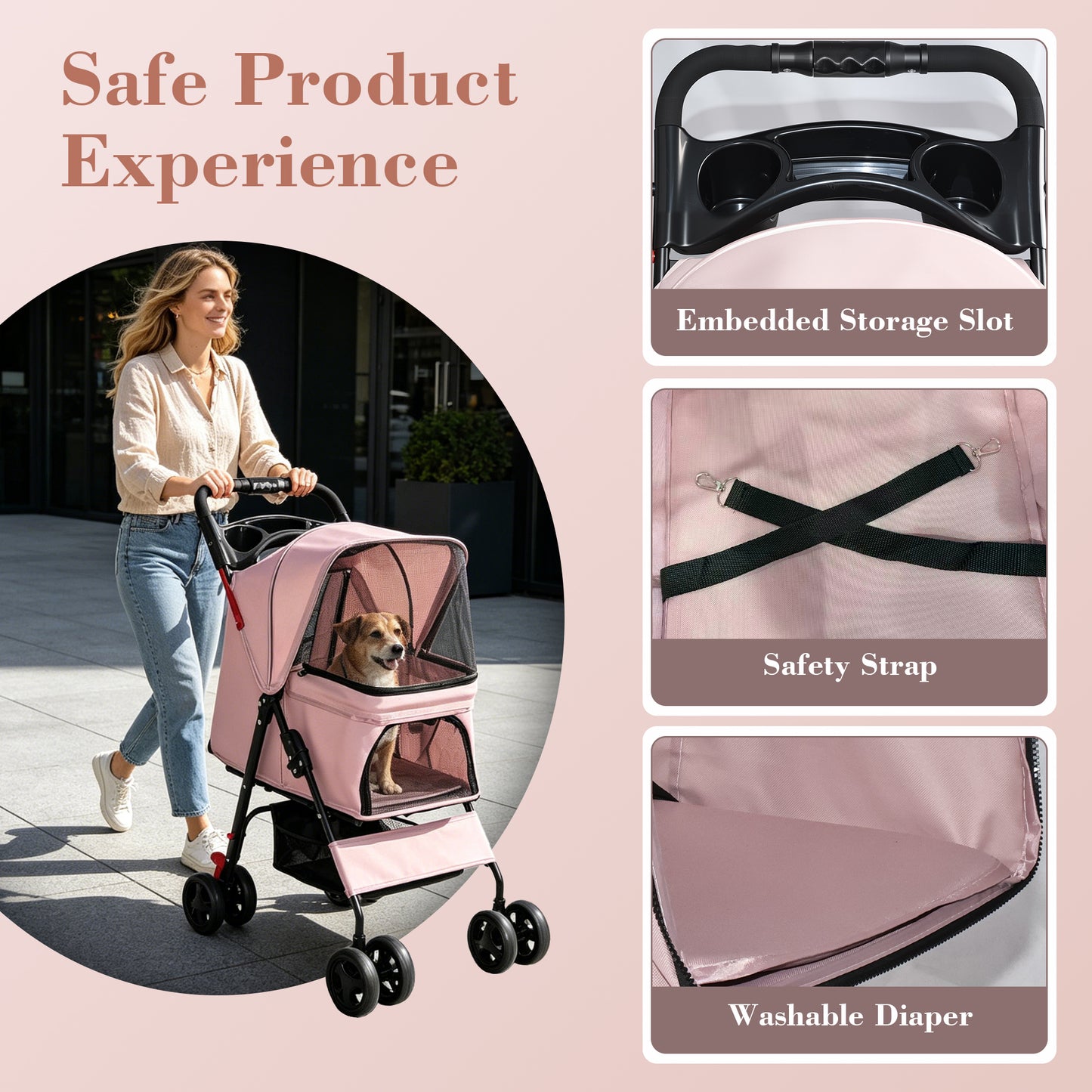 Foldable Pet Stroller for Small Dogs Cats Up to 28 lbs with Mesh & Storage - Pink