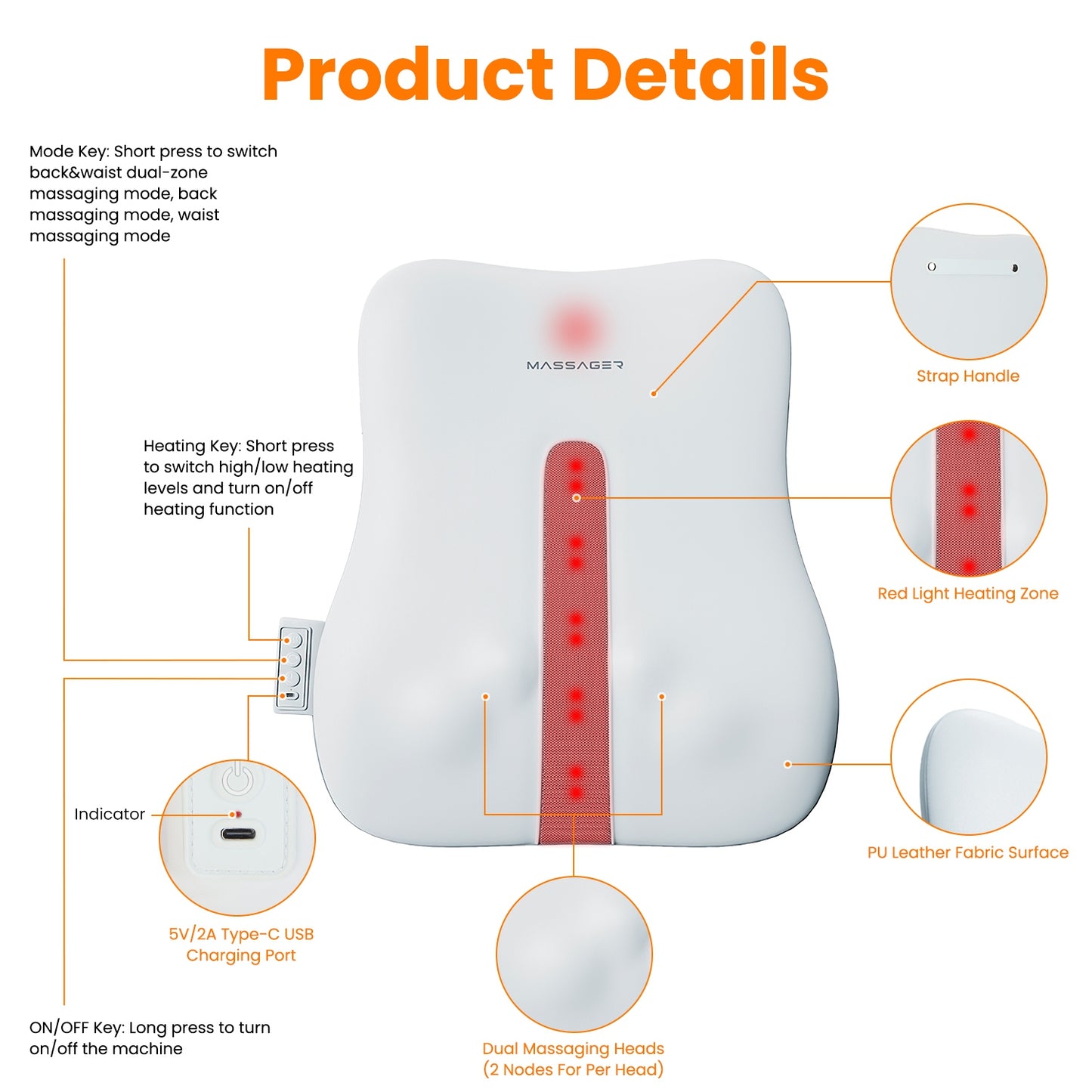 Cordless 3D Deep Tissue Back Massager with Heating & Auto-Off - White