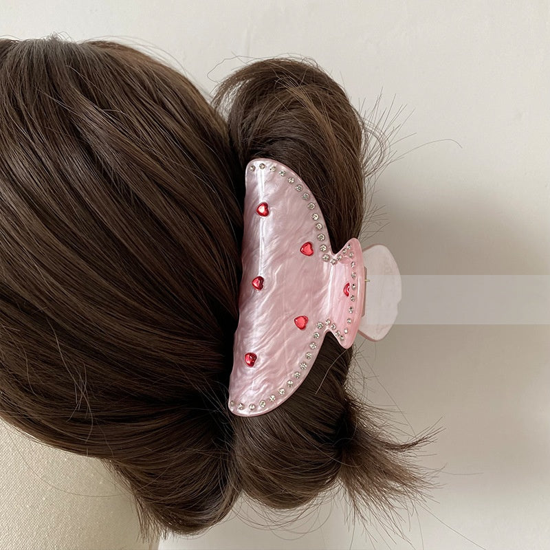 Rhinestone Love Heart Hair Clip - Pink, 10cm