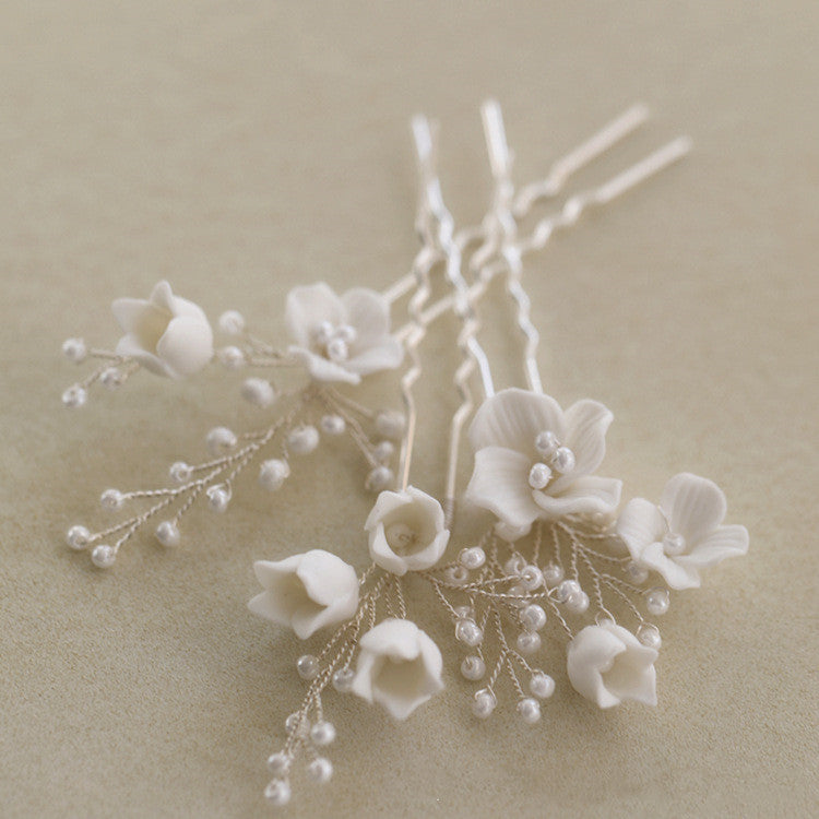 Ceramic Flower Hair Fork Set for Bridal Hair Accessories - Gold & Silver