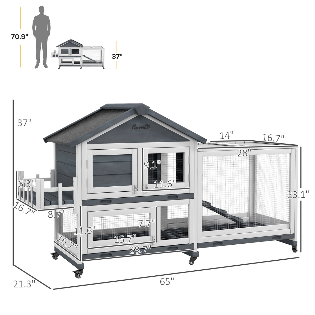 Wooden Rabbit Hutch with Openable Roof & Storage - 65 Inch Pet House for Small Animals, Gray