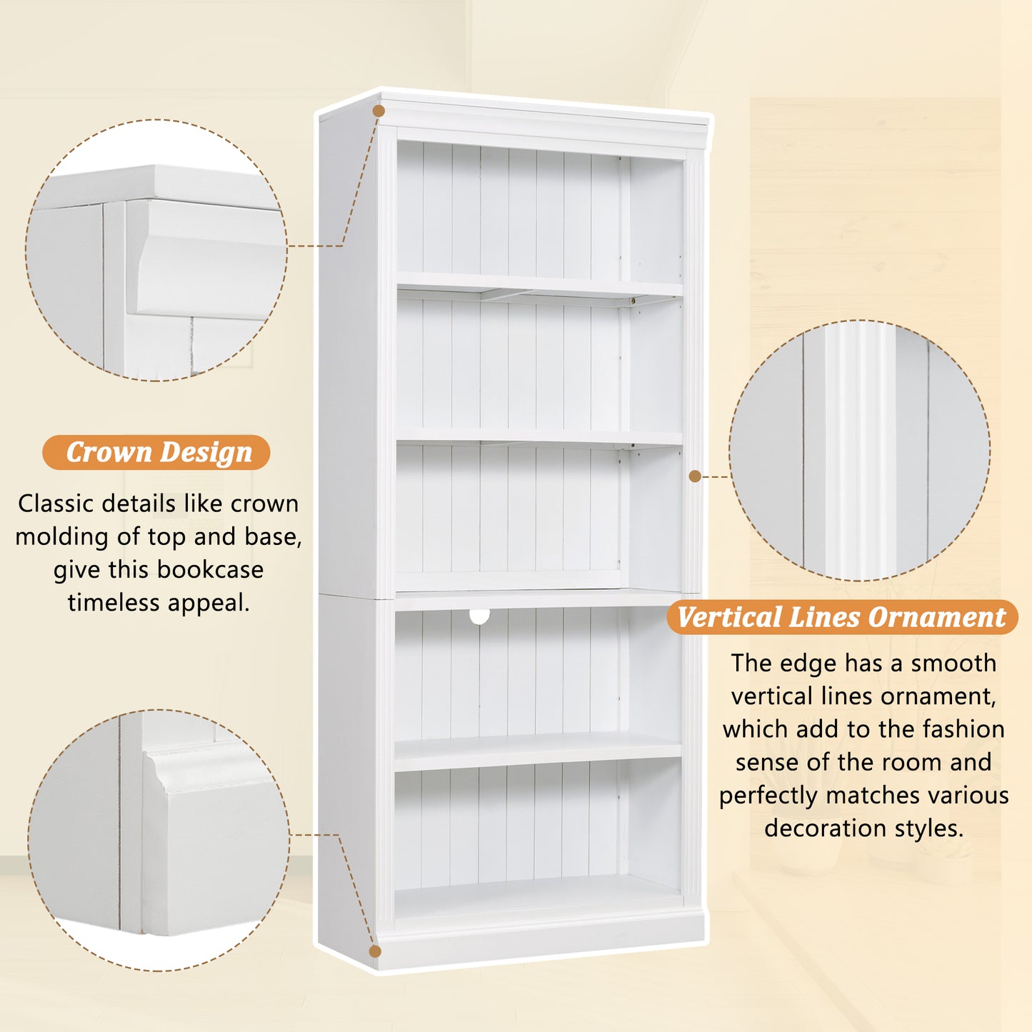 83.4 Tall Wood Bookcase With Light Strip,5-Tier Decor Bookshelves
