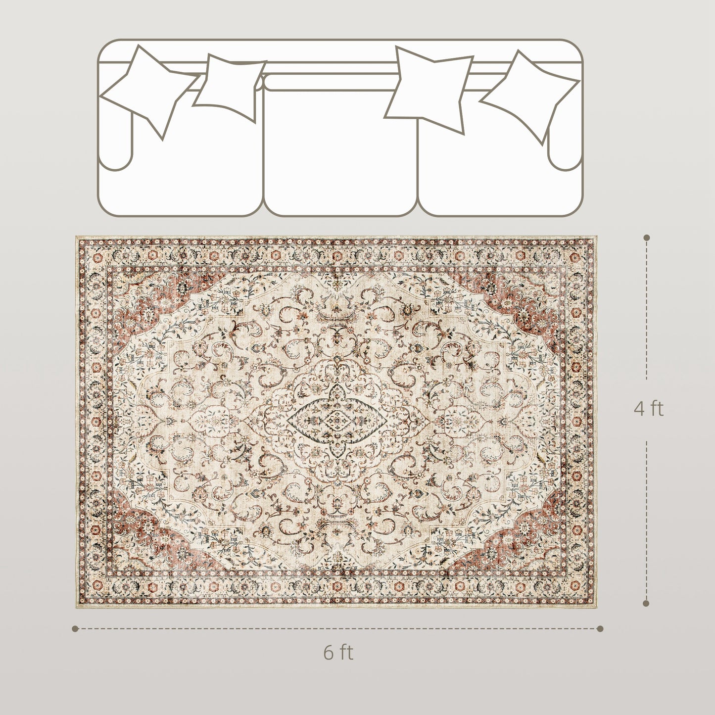 4x6 Non-Slip Machine Washable Area Rug - Floral Print, Mixed Brown