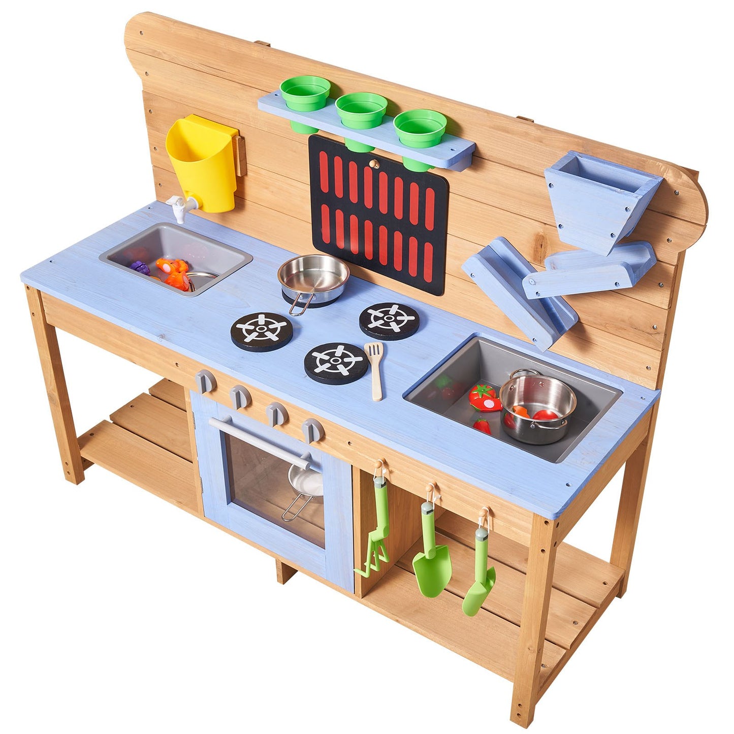 Kids Outdoor Mud Kitchen with Wood Stoves Double Sinks & Accessories