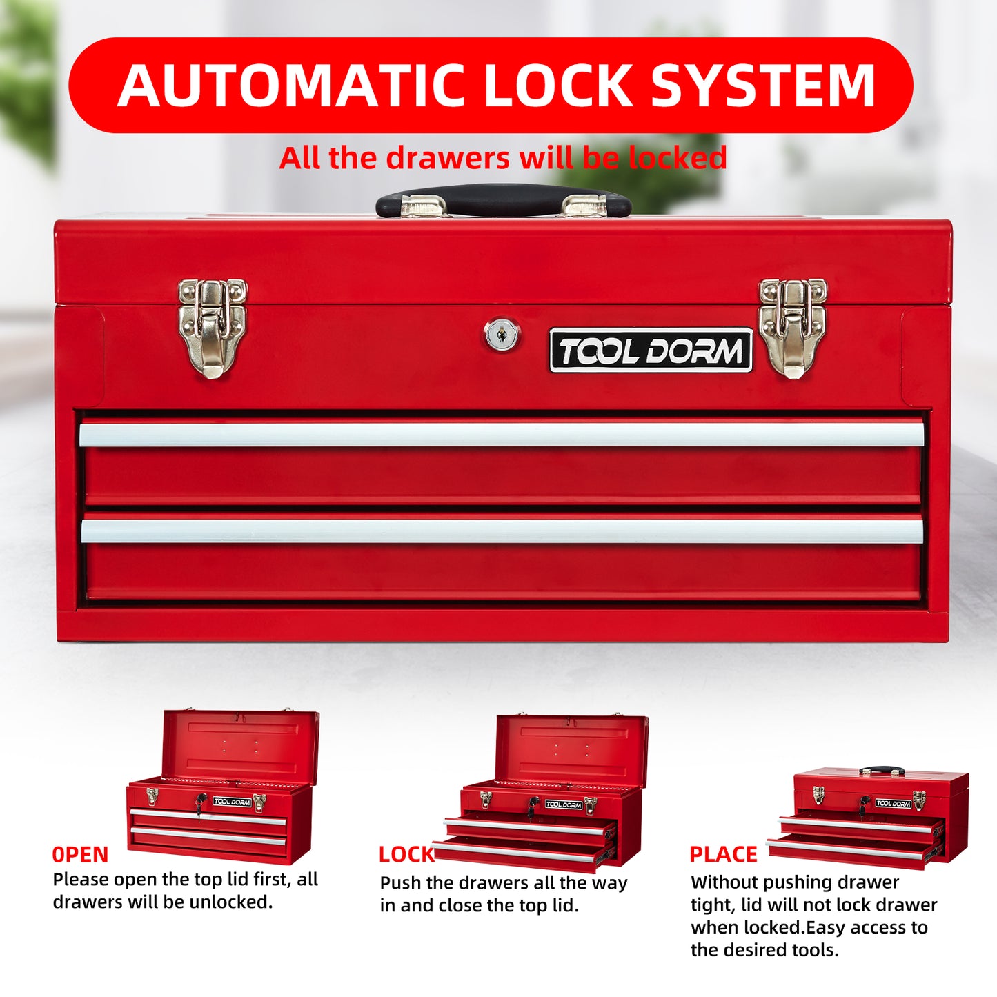 20.3-Inch Metal Tool Box with Drawers, Lockable Steel Chest for Garage and Workshop