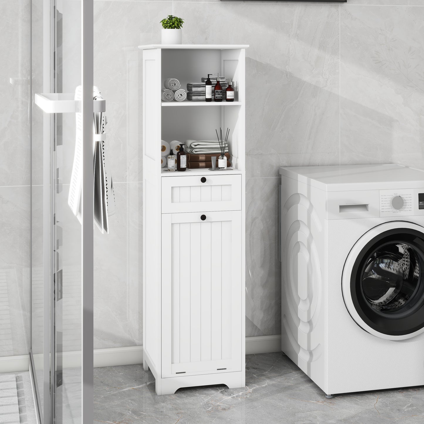 Tilt-Out Laundry Sorter Cabinet with One Drawer - White