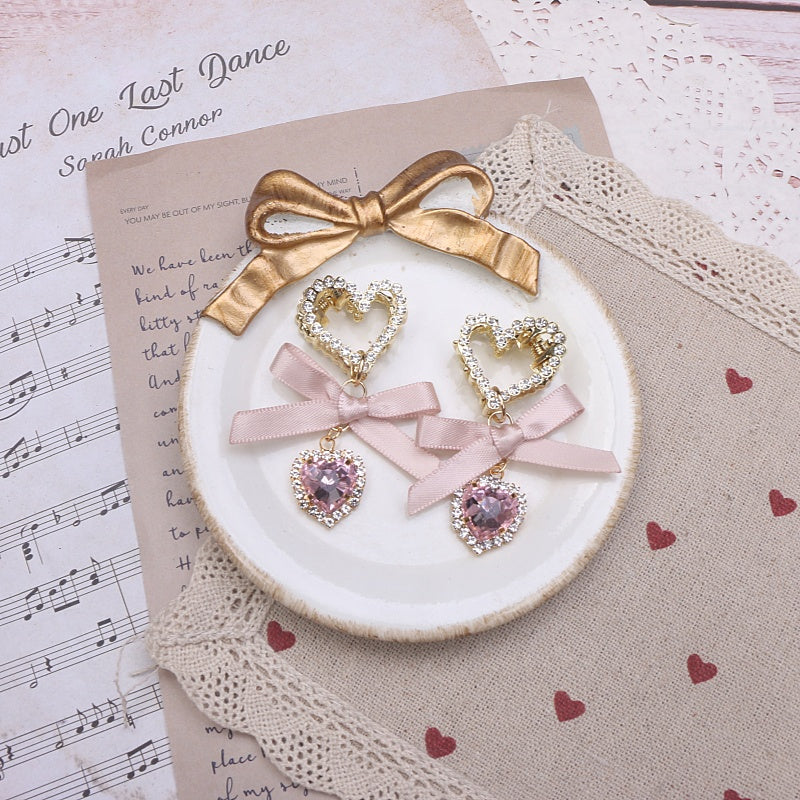 Rhinestone Heart Hair Bow Clip Pair