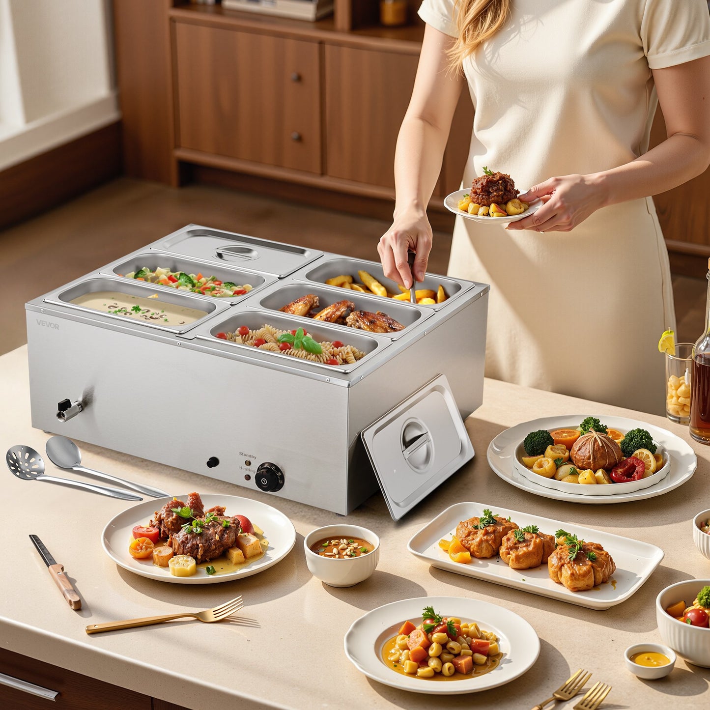 Commercial Food Warmer 6-Pan 1500W Countertop Buffet Bain Marie with Lid - Silver