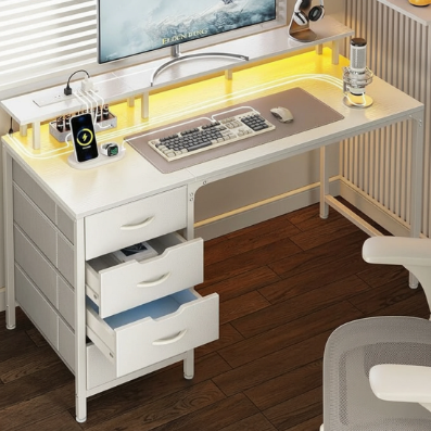 40-Inch Computer Desk with Power Socket & LED Light - White