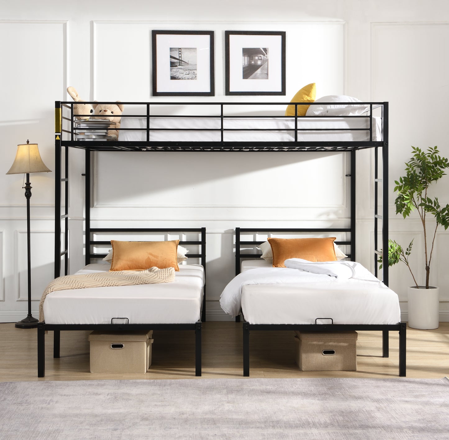 Full Over Twin Metal Triple Bunk Bed with Safety Rail - Black
