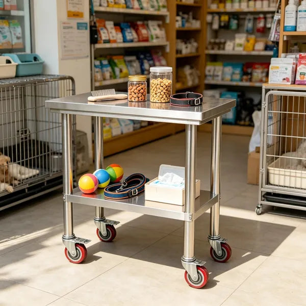 Sleek Metal Work Table With Adjustable Height And Shelf For Kitchen