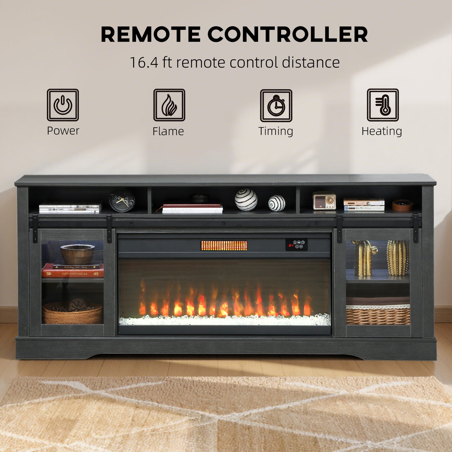 Electric Fireplace TV Stand for 80 Inch TVs, Gray Home Entertainment Console