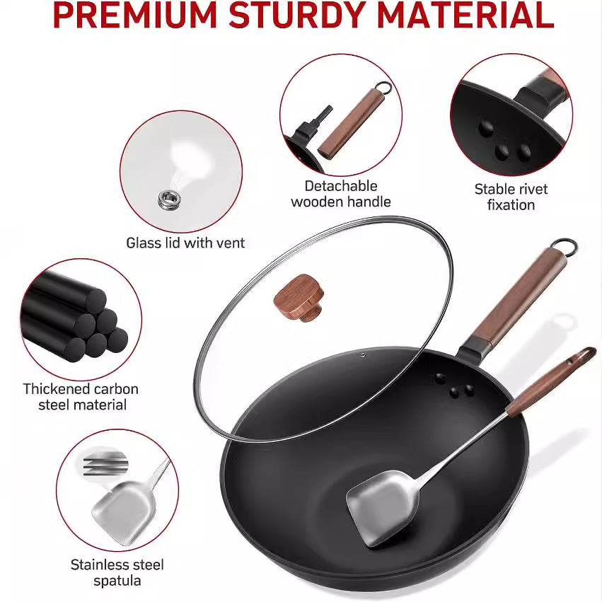 Traditional Uncoated Iron Cooking Pot with Lid and Spatula - 30cm & 32cm Variants