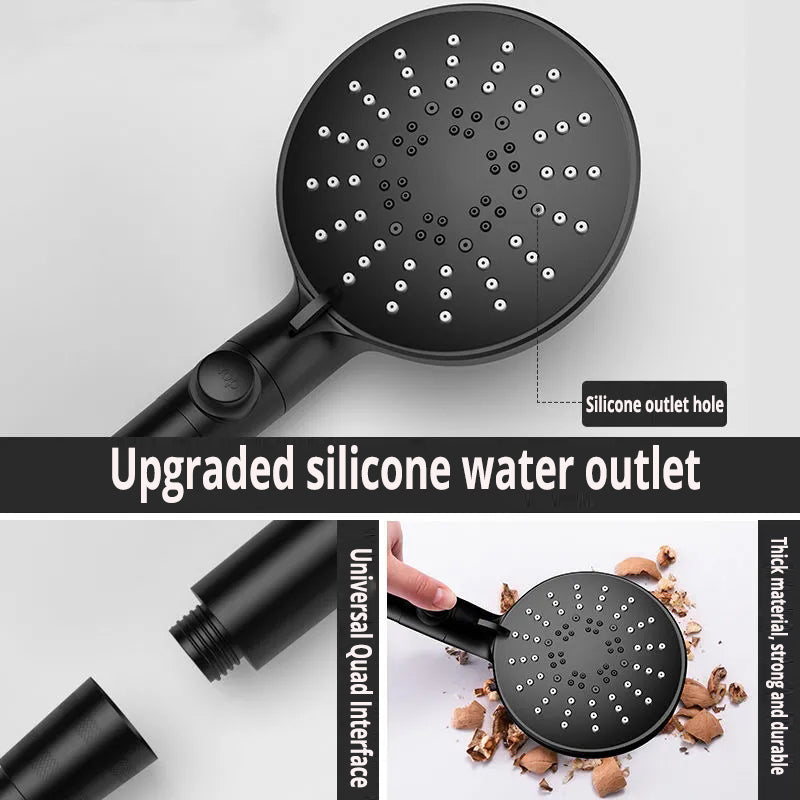 All-Black Five-Speed Shower Head with Water Stop & Self-Cleaning Function