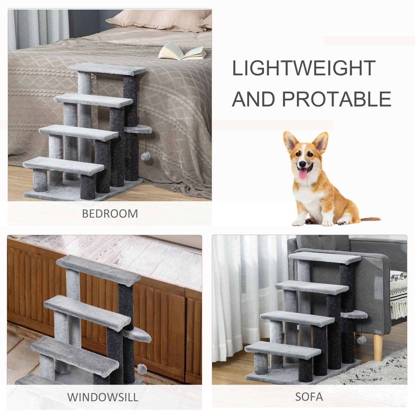 Cat Tree & Steps with Scratching Post for Indoor Outdoor Cats - Light Grey