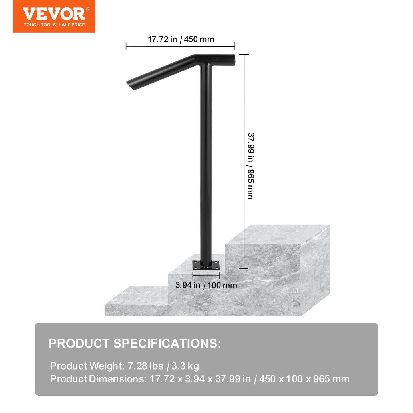 Black Steel Handrail for Outdoor Steps – 441LBS Capacity