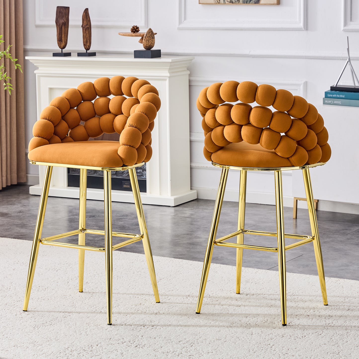 Set of 2 Orange Velvet Bar Stools with Gold Legs - Modern Accent Chairs