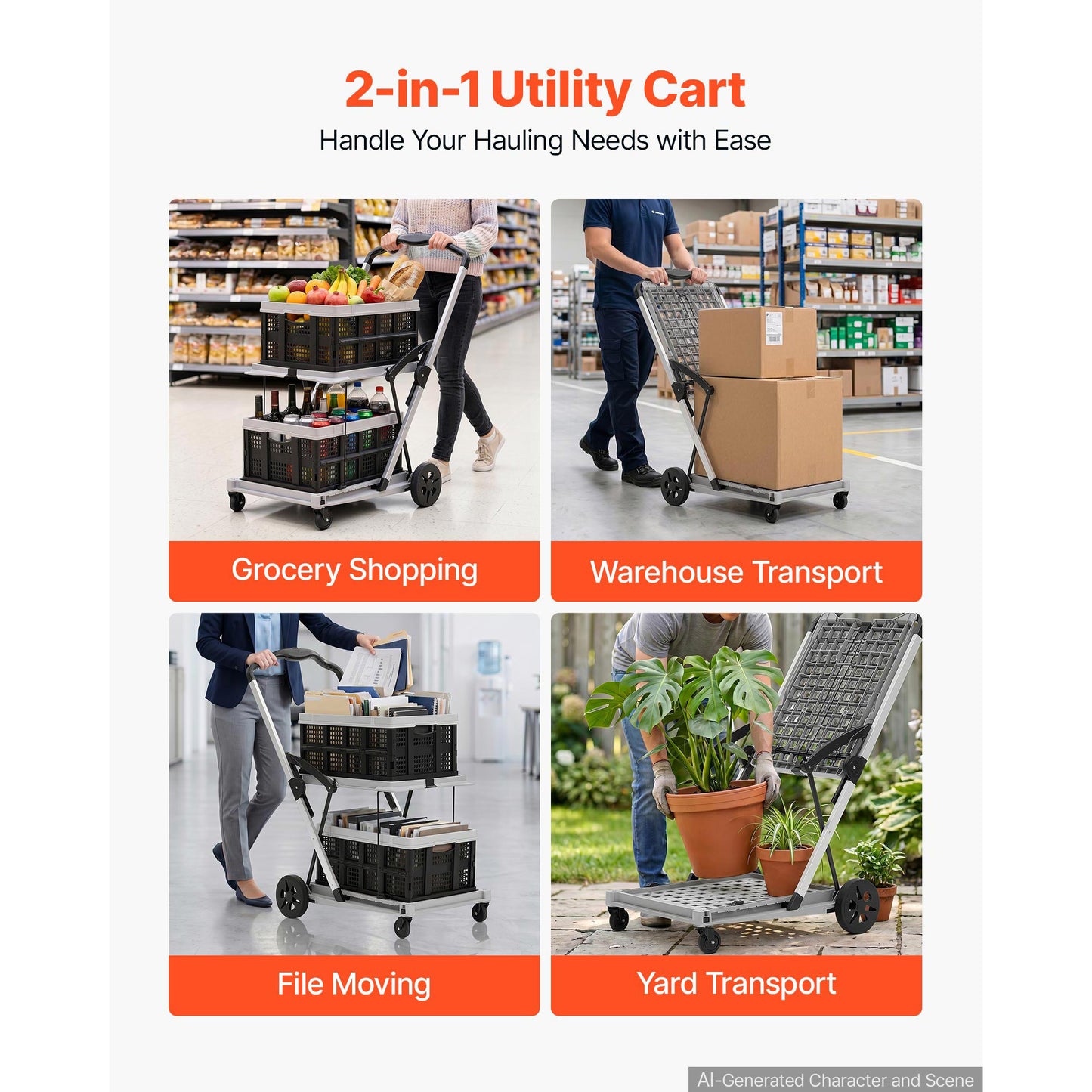 Foldable Shopping Cart with Wheels 200lbs Capacity Portable Utility Cart for Groceries