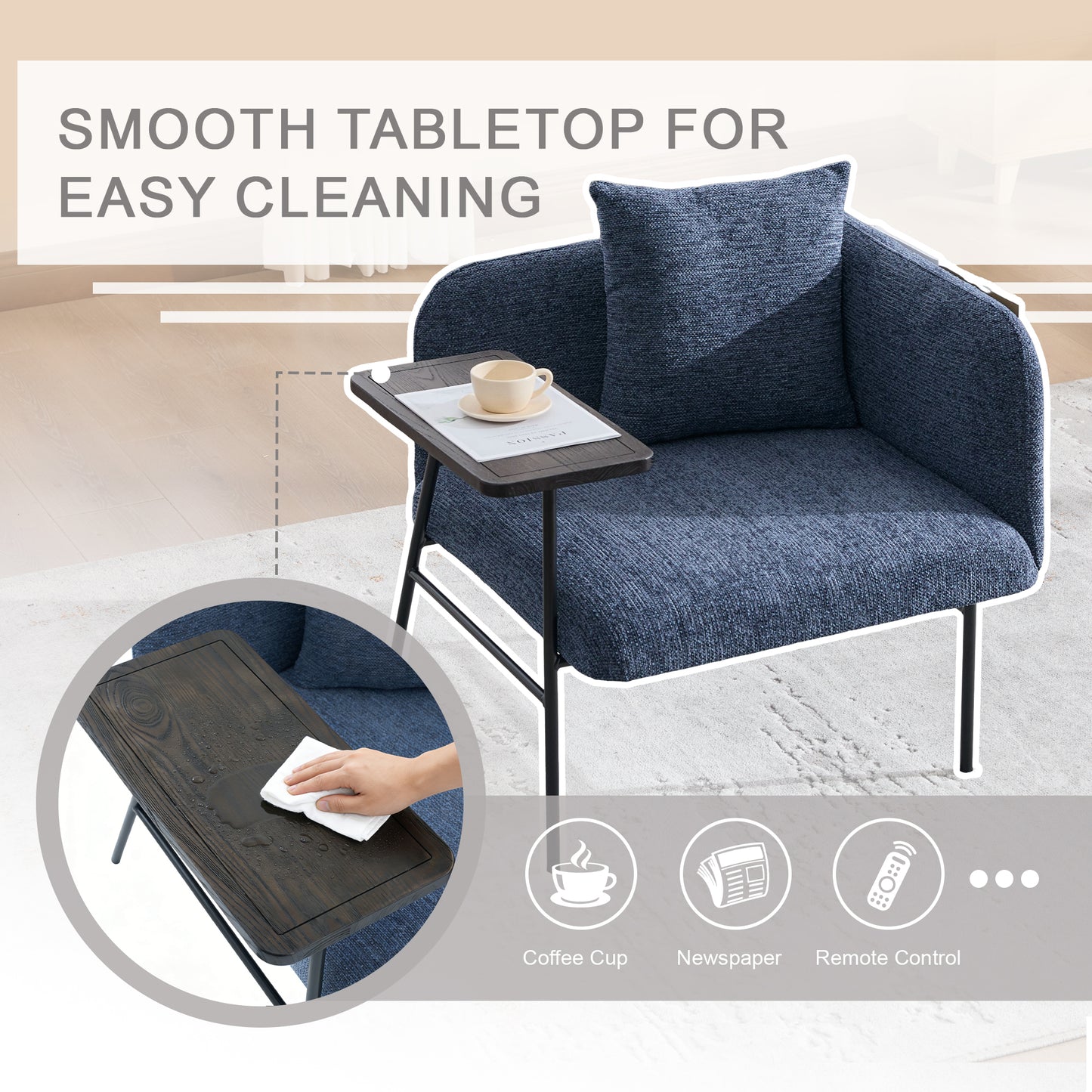 Navy Leisure Chair with Table & Back Pillow - Modern Upholstered Sofa