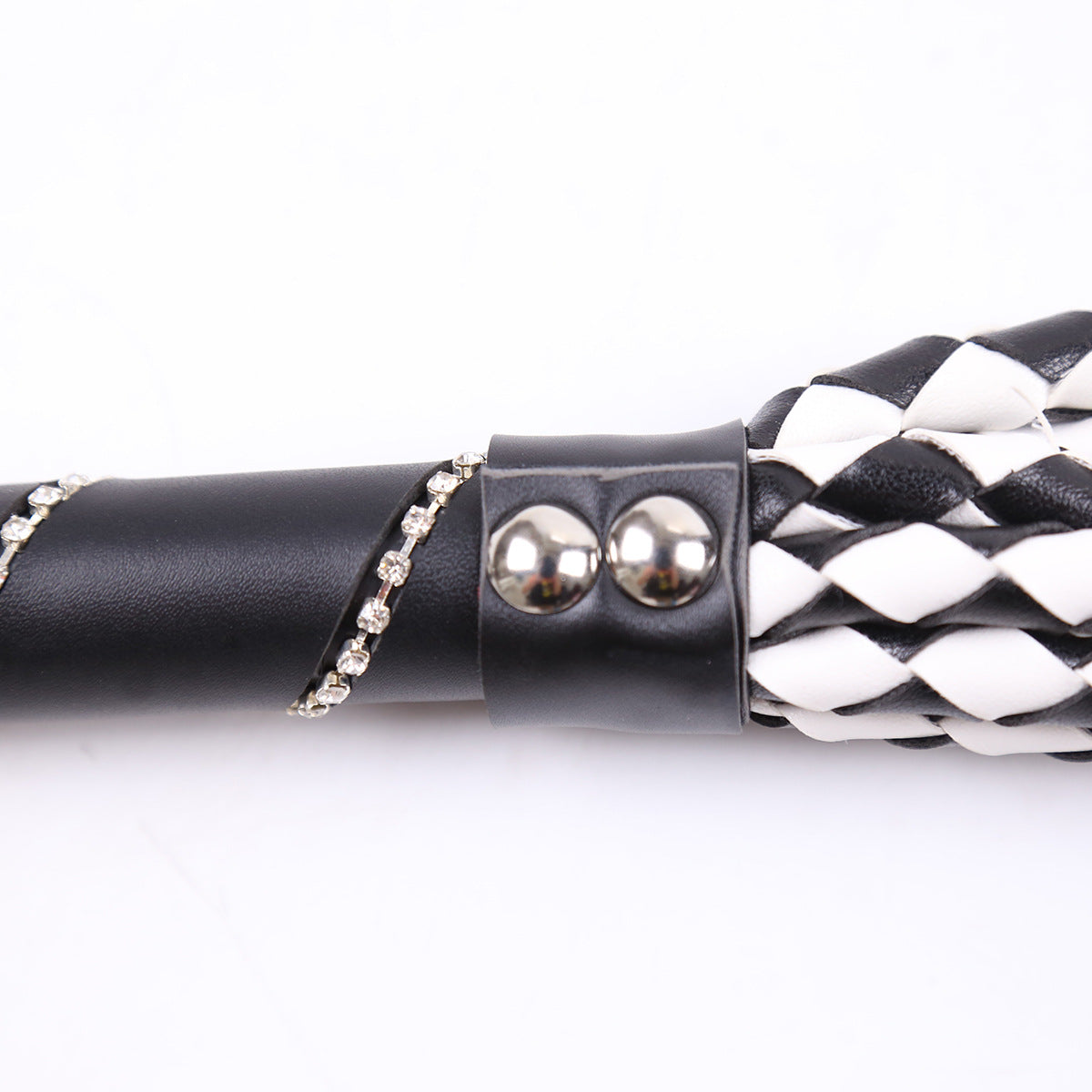 Leather Handle Sex Toy Whip with Braided Black and White Design - 88cm Length