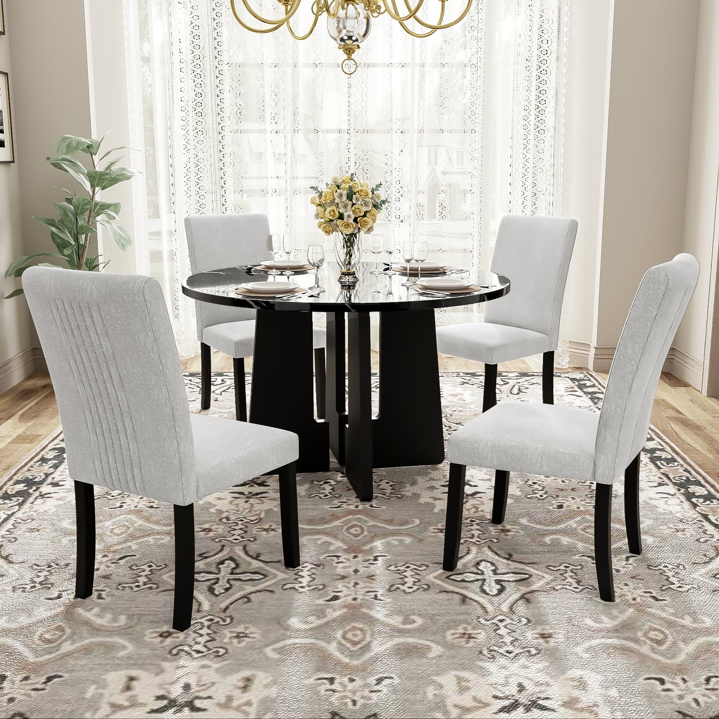 5-Piece Round Dining Table Set with 4 Upholstered Chairs - Beige & Black