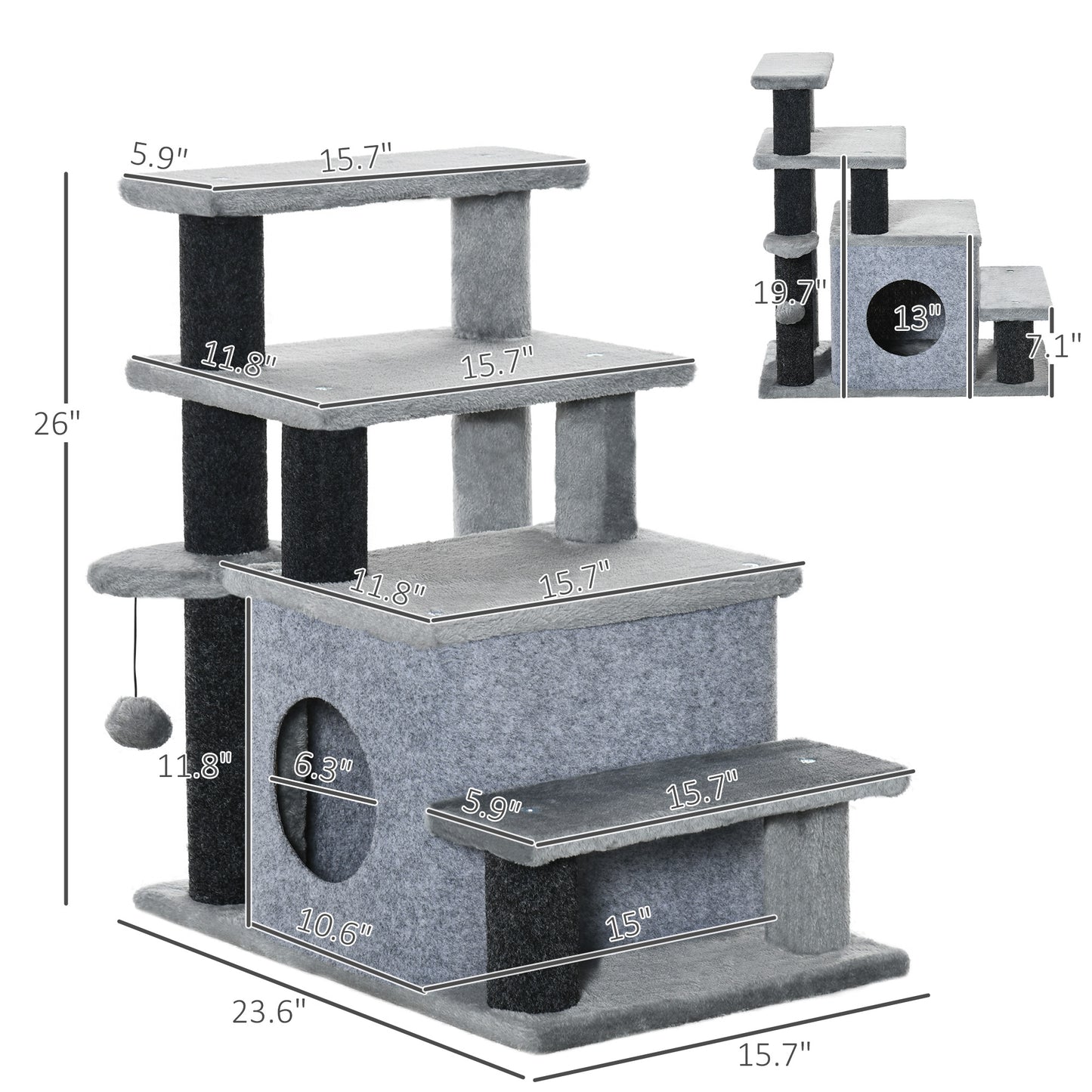 Adjustable 3-4 Step Cat Stairs with Scratching Post & Toy Ball - Gray