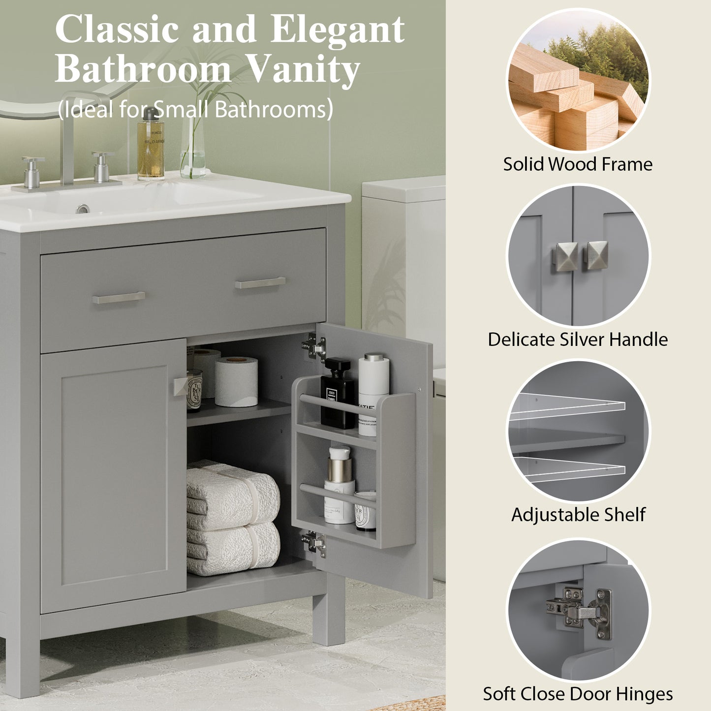 60" Modern Gray Bathroom Vanity Set with Double Sinks & Storage