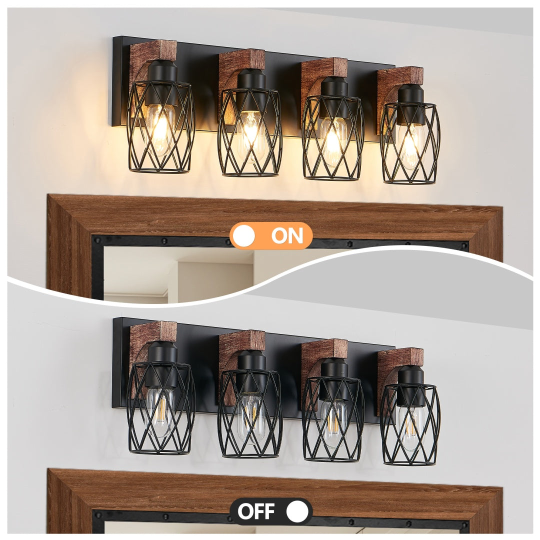 Industrial Vintage 4-Light Wall Sconce - Black Cage & Wood Accents