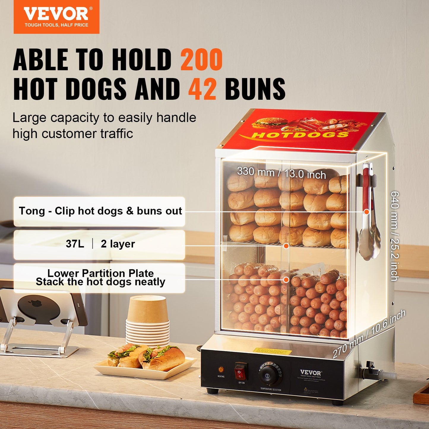 Commercial Hot Dog Steamer 2-Tier Electric Bun Warmer 39QT Food Warmer