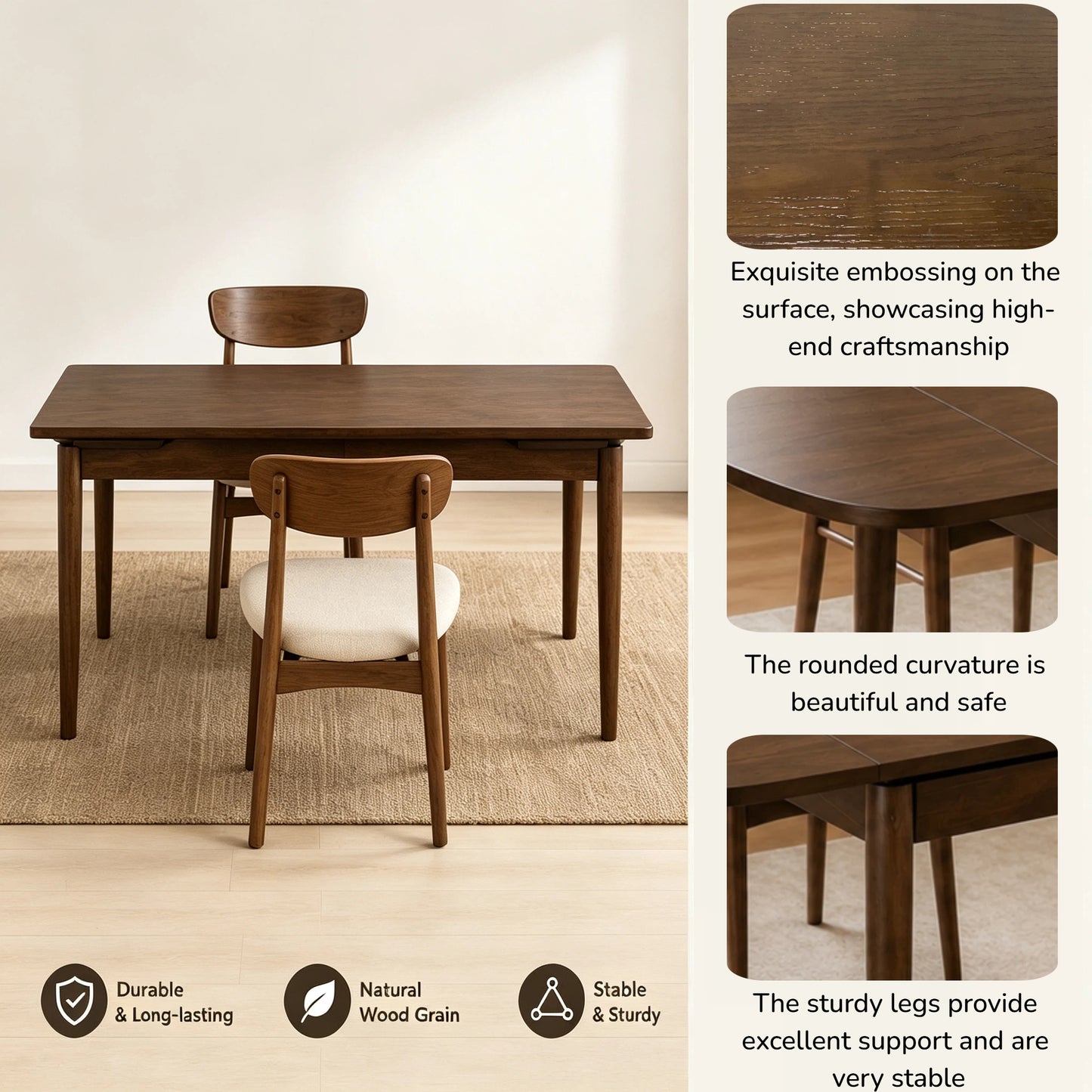 Extendable Solid Wood Dining Table for 4-10 People - Walnut