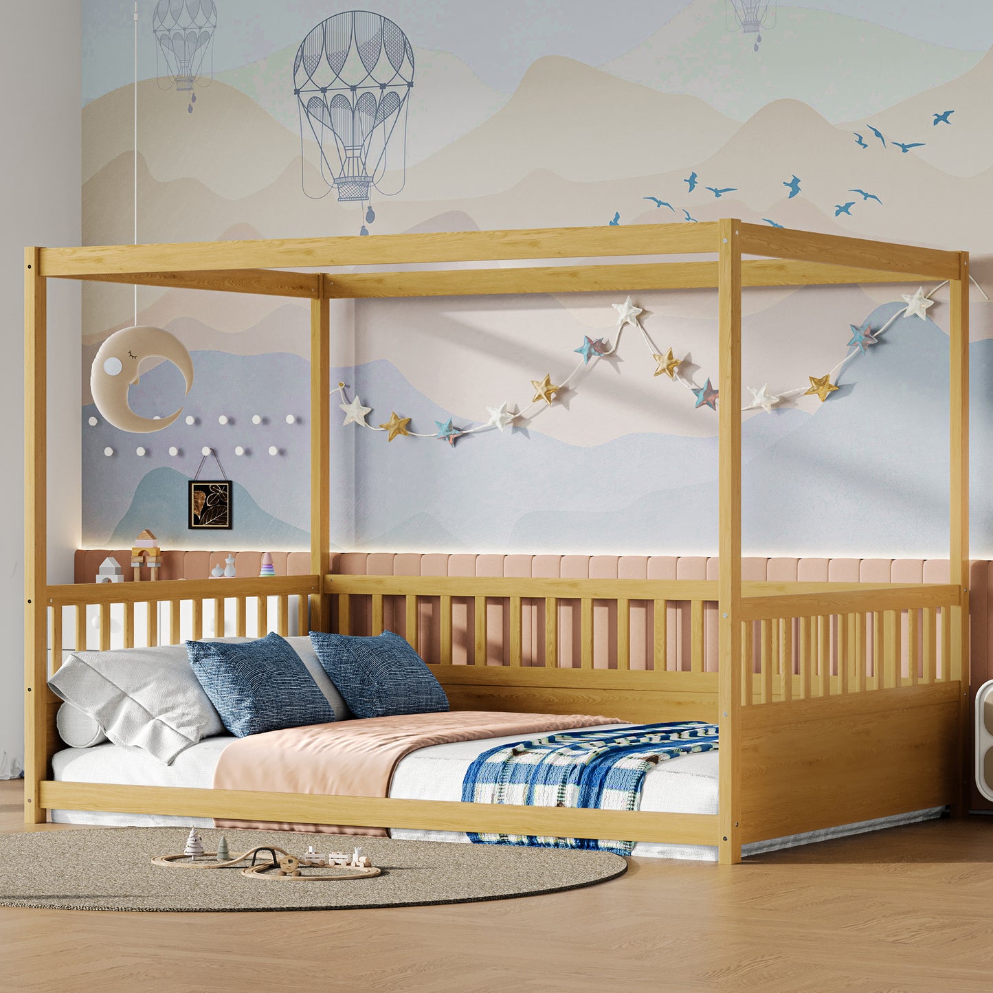 Full Size Canopy Bed Frame with Guardrails - Natural Wood