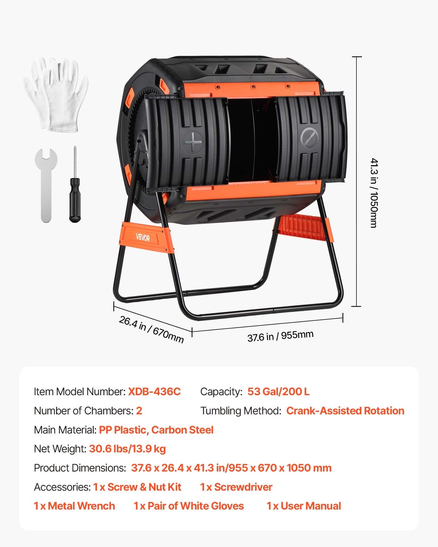 53 Gallon Dual Chamber Outdoor Compost Tumbler - Garden Yard Waste Bin, Easy Turn