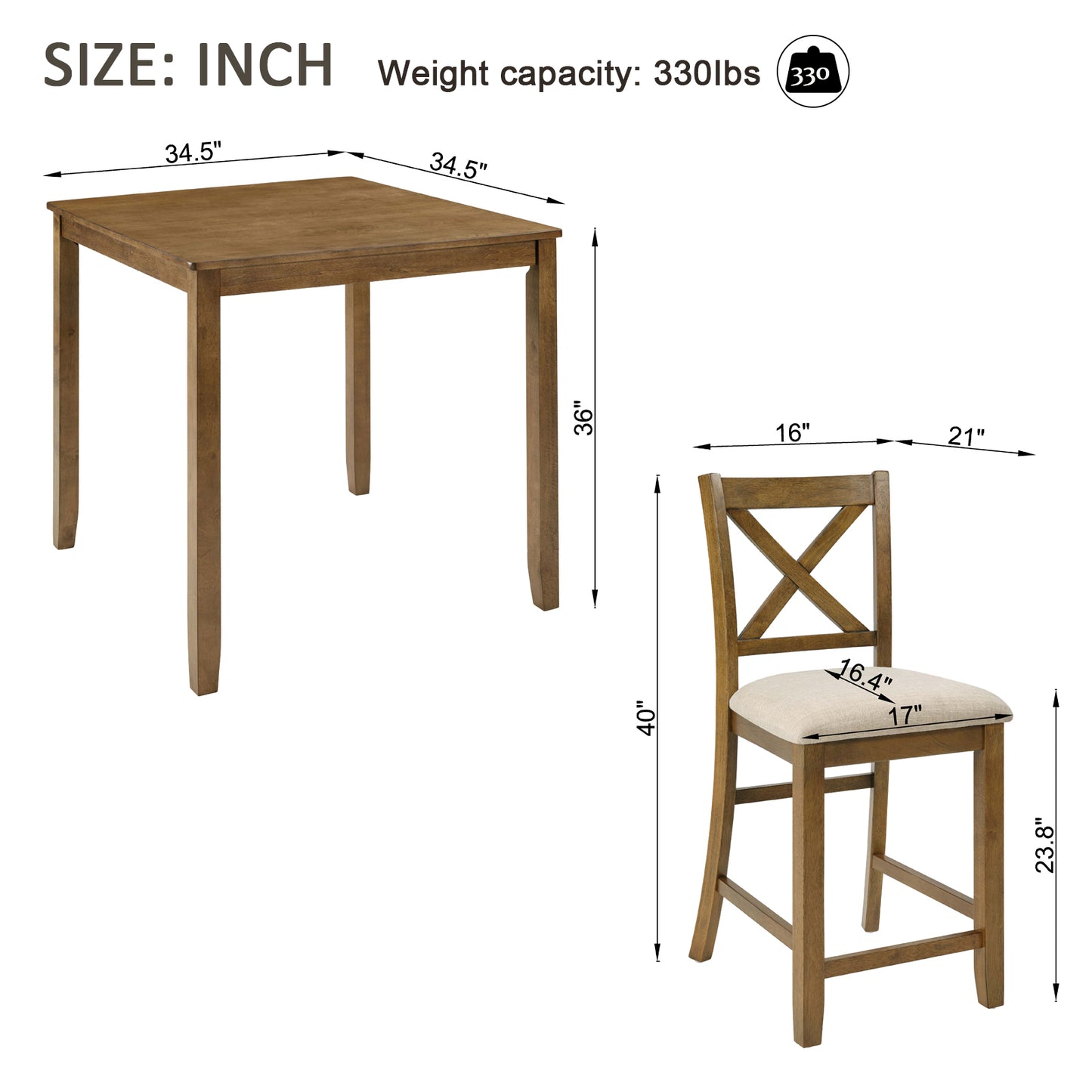 Oak Finish 5-Piece Counter Height Dining Set - Square Table & 4 Chairs