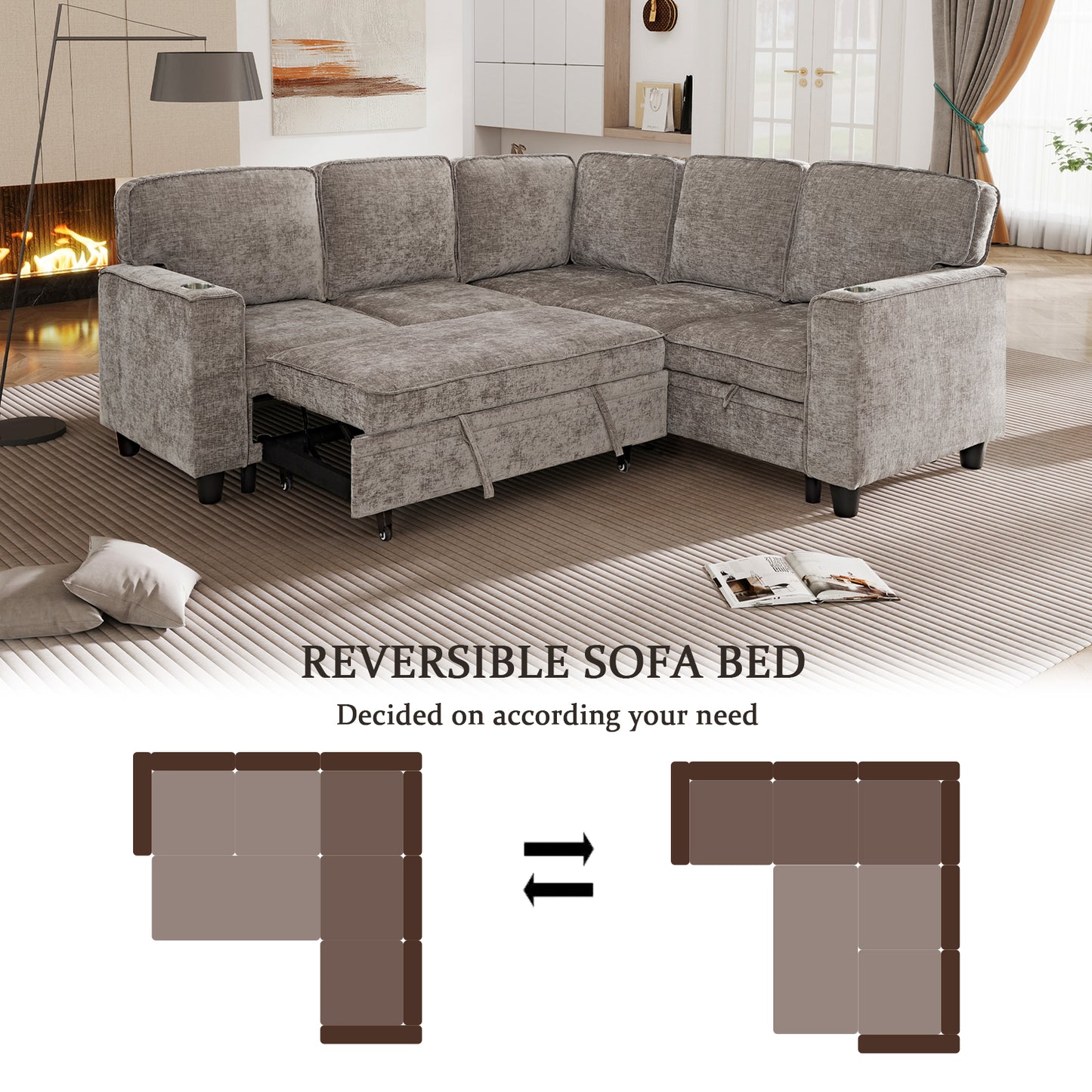 L-Shaped Sofa Bed with Storage & USB Ports - Light Brown
