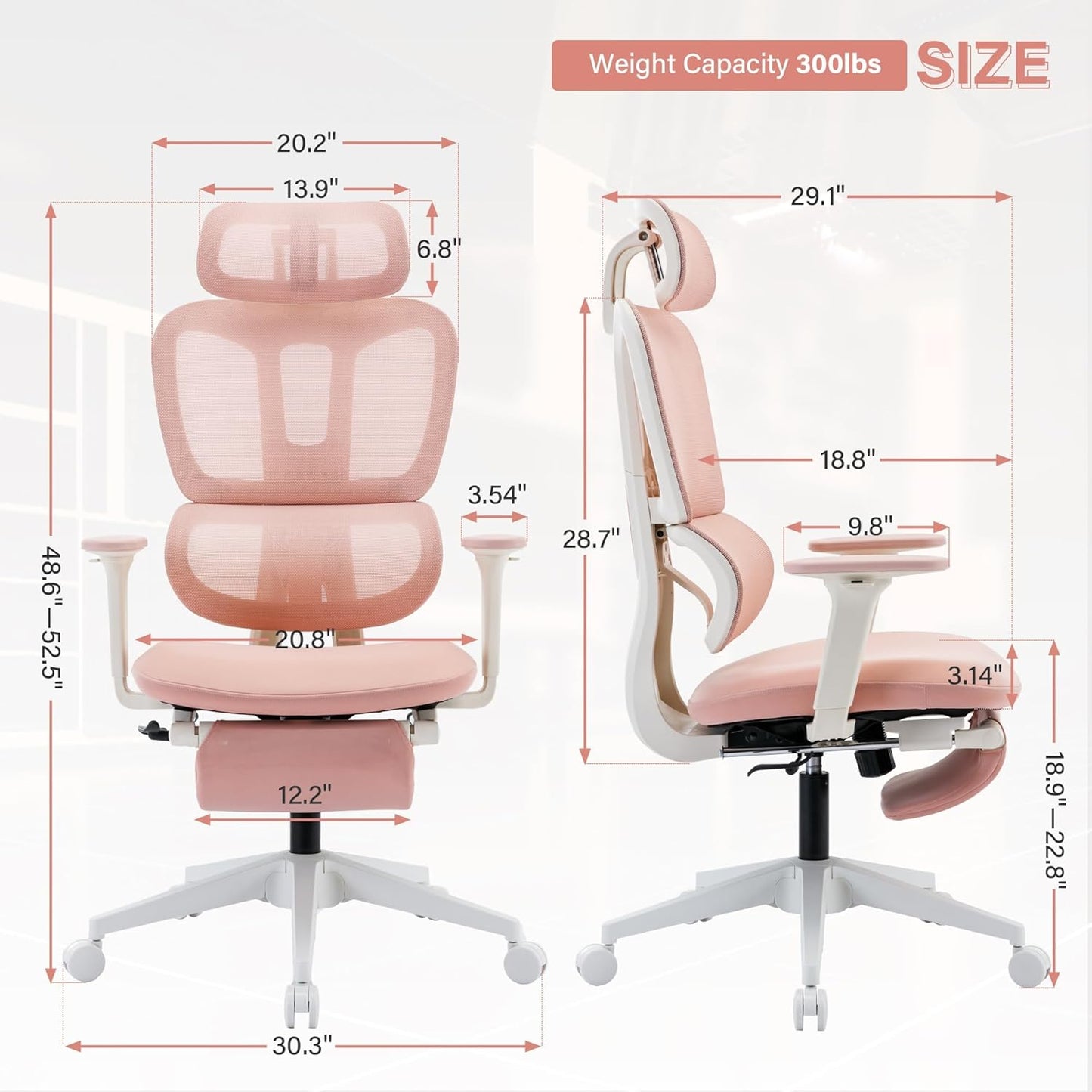 Ergonomic Office Chair with Footrest & Lumbar Support - Pink