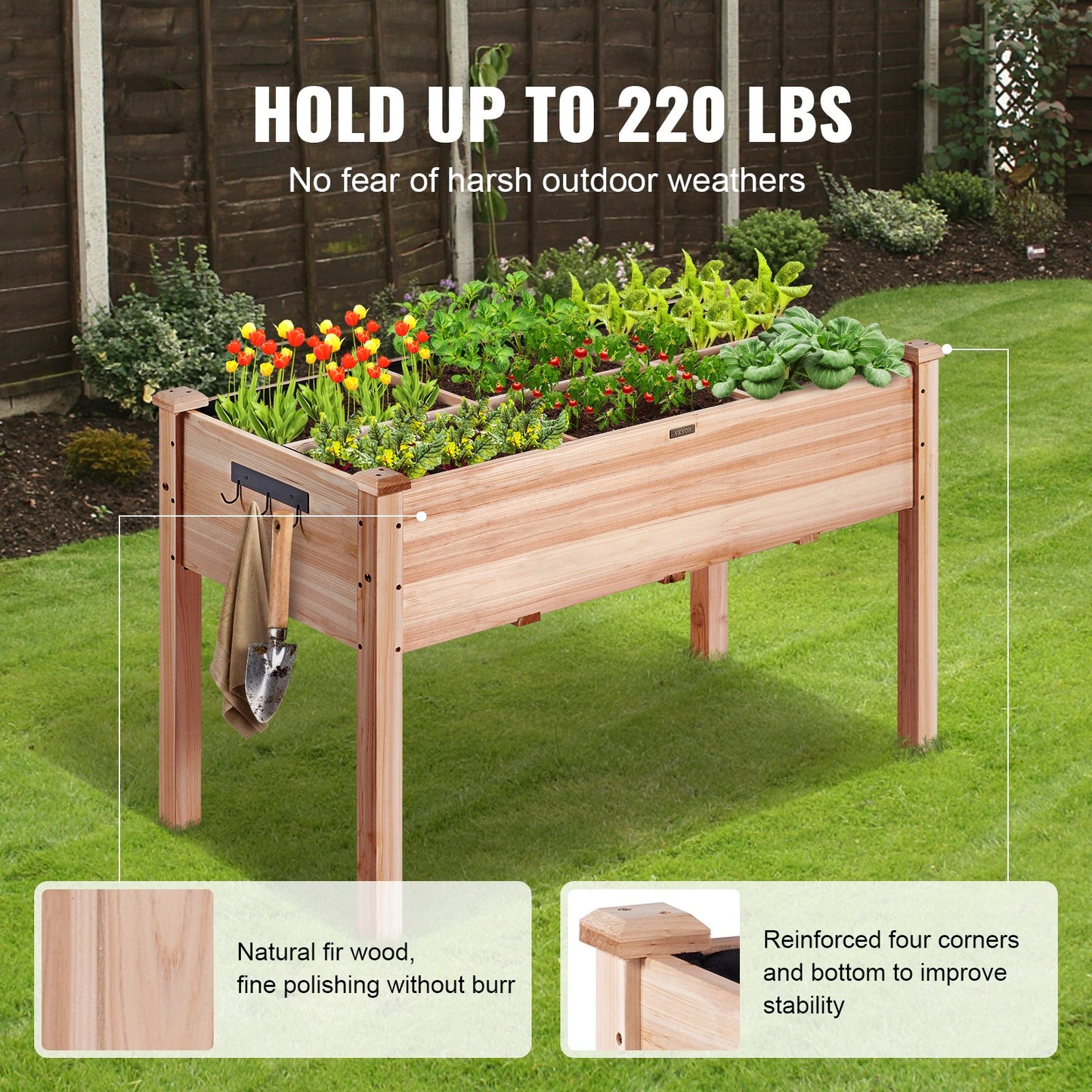Wooden Raised Garden Bed Planter Box 47.2x22.8x30 Inches for Flowers Veggies Herbs - Natural