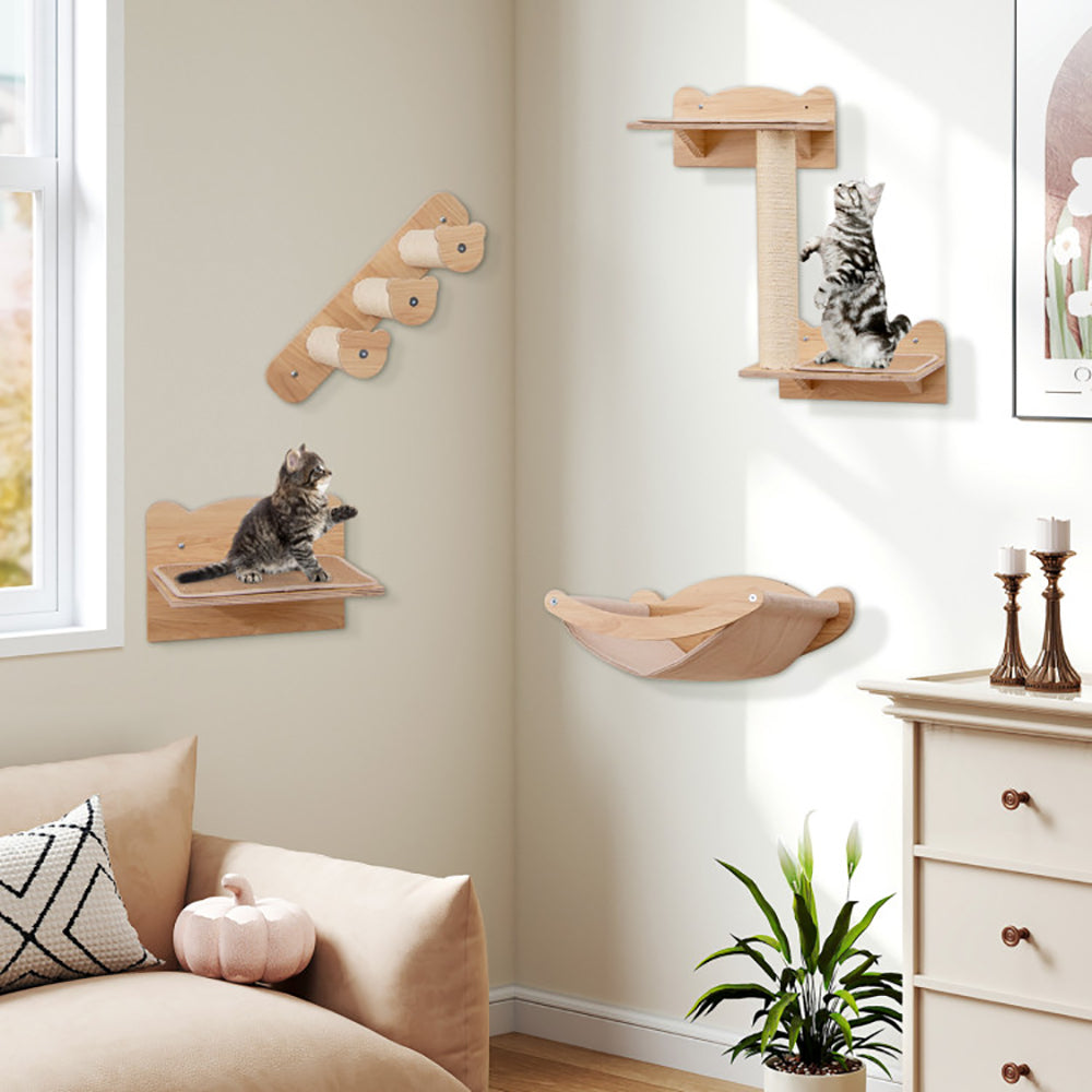 Wall-Mounted Cat Furniture Set of 4 with Hammock and Climbing Steps - Natural