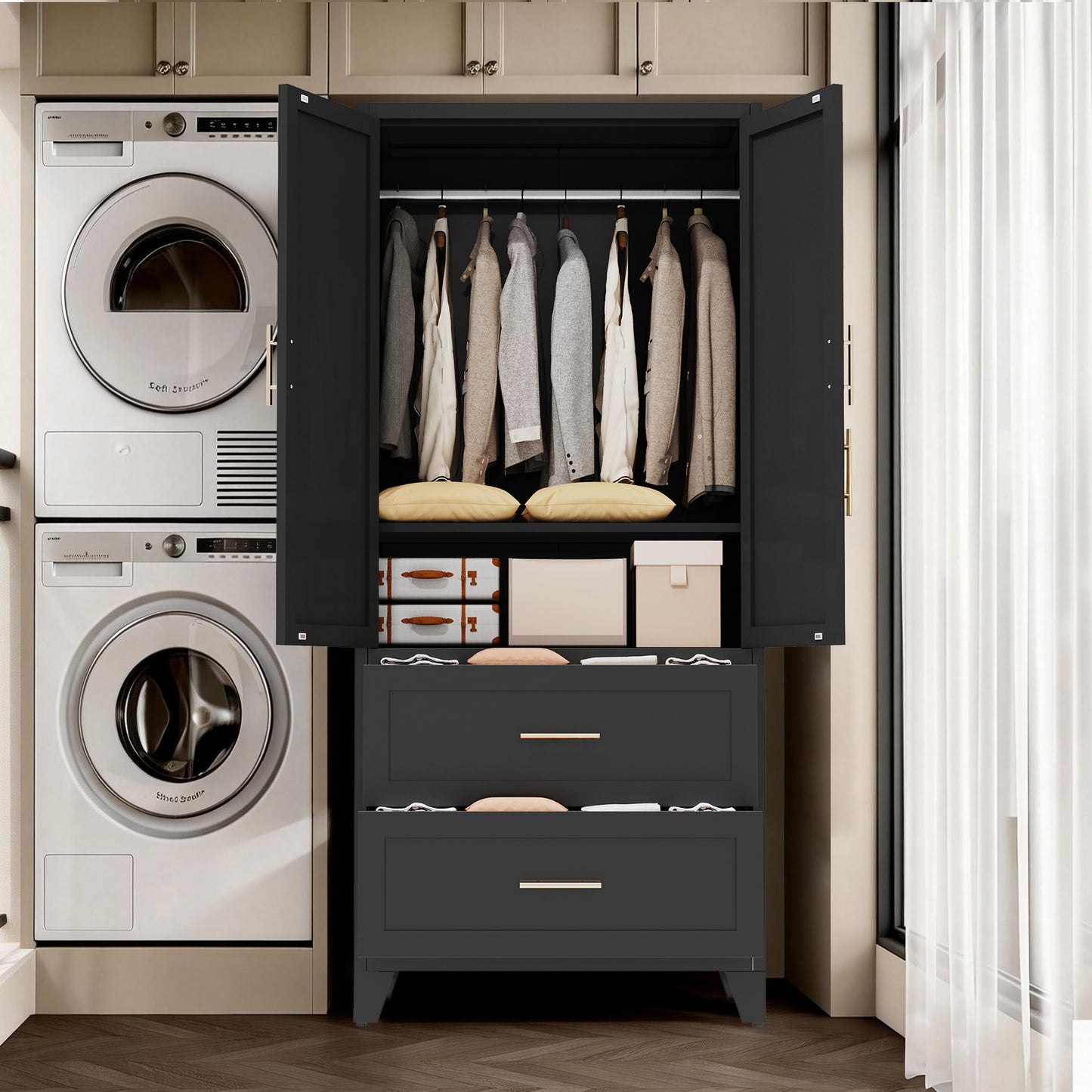 71" Tall Metal Wardrobe Cabinet with 2 Drawers & Shelf - Black