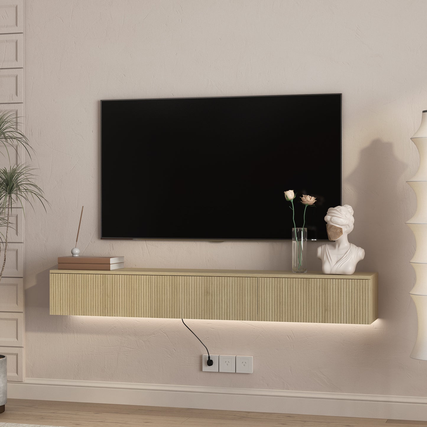 Wall-Mounted Floating TV Stand with 16 Color LEDs - 65 Inch