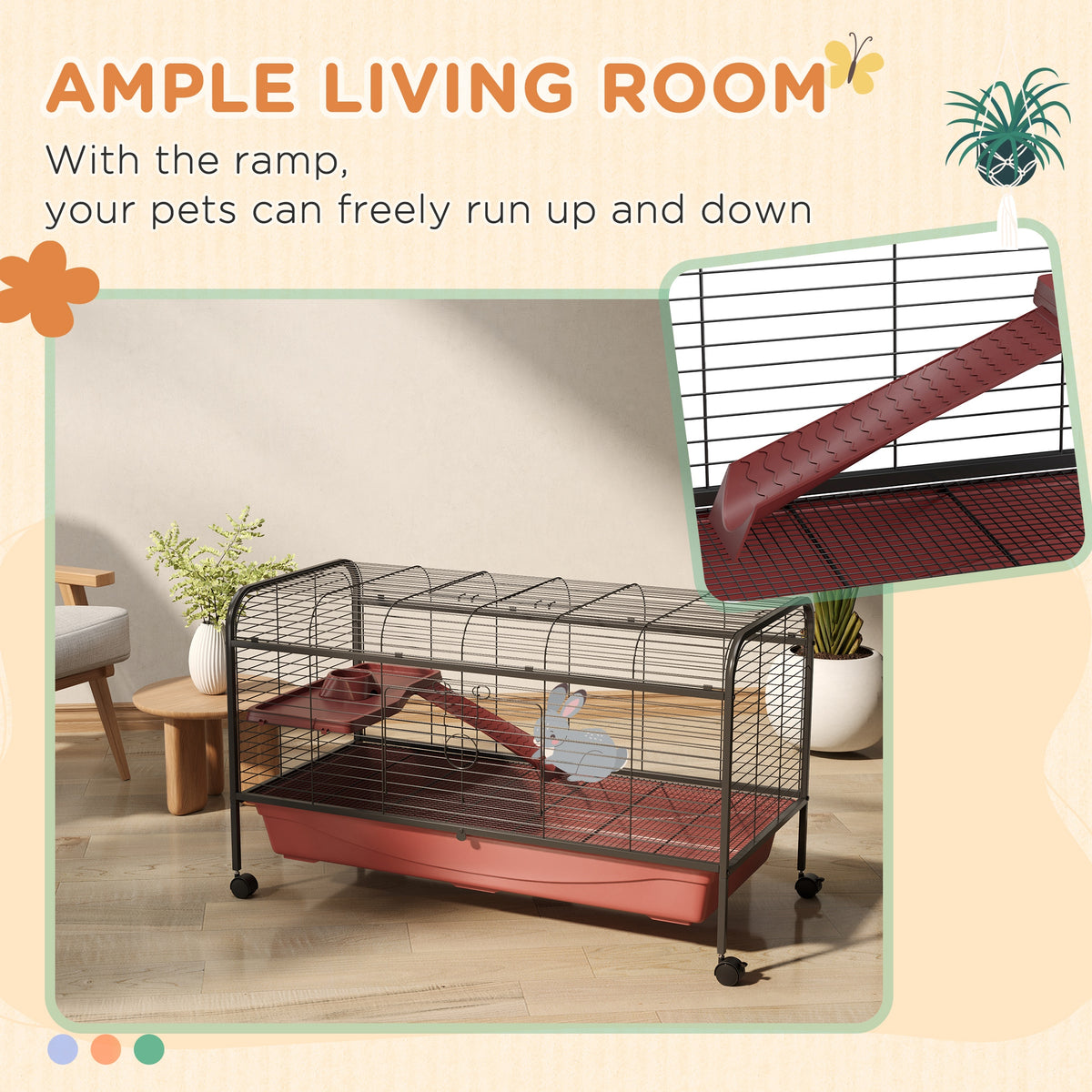 48-Inch Small Animal Cage with Wheels, Platform, Ramp & Feeder for Rabbits & Ferrets