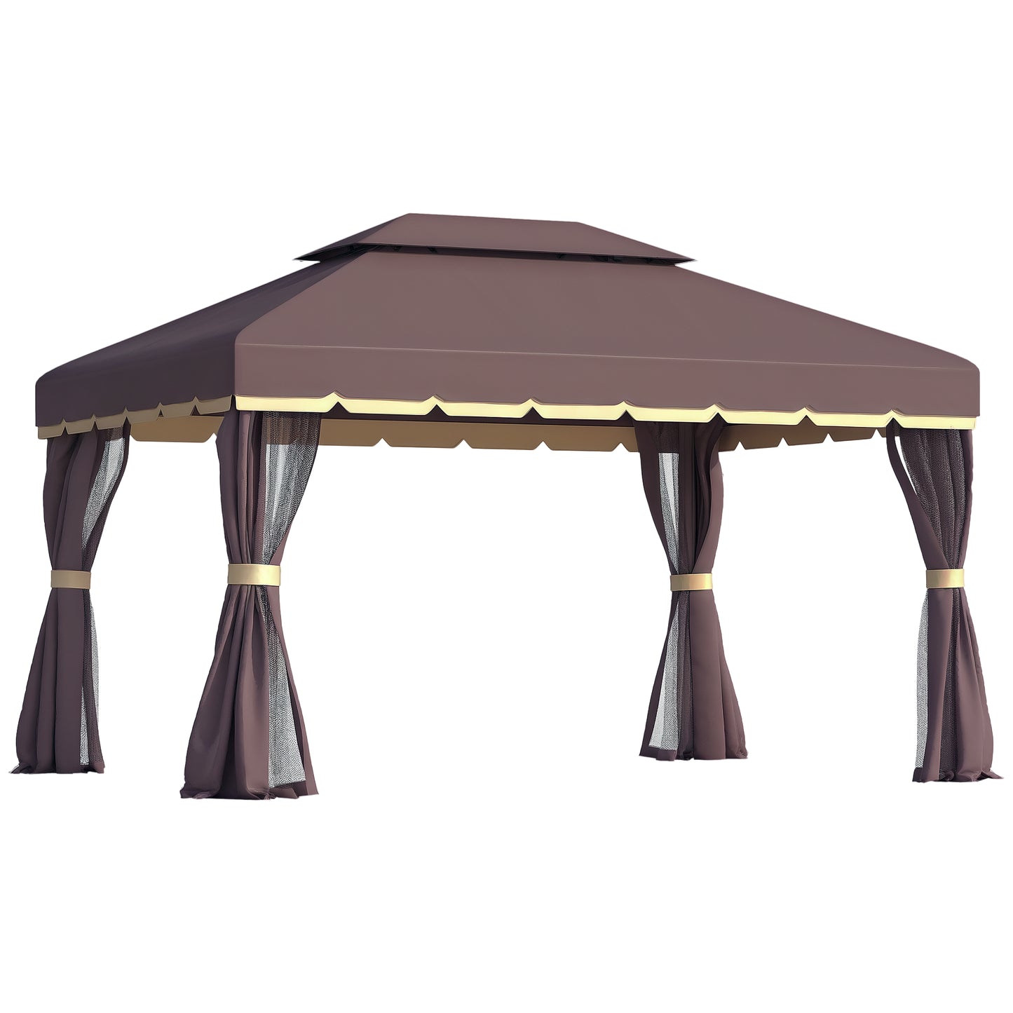 Outdoor Aluminum Frame Gazebo with Double Roof & Curtains - Coffee