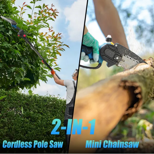 Cordless 8ft Pole & Mini Chainsaw Kit with 21V Batteries - Wood Cutting Tool