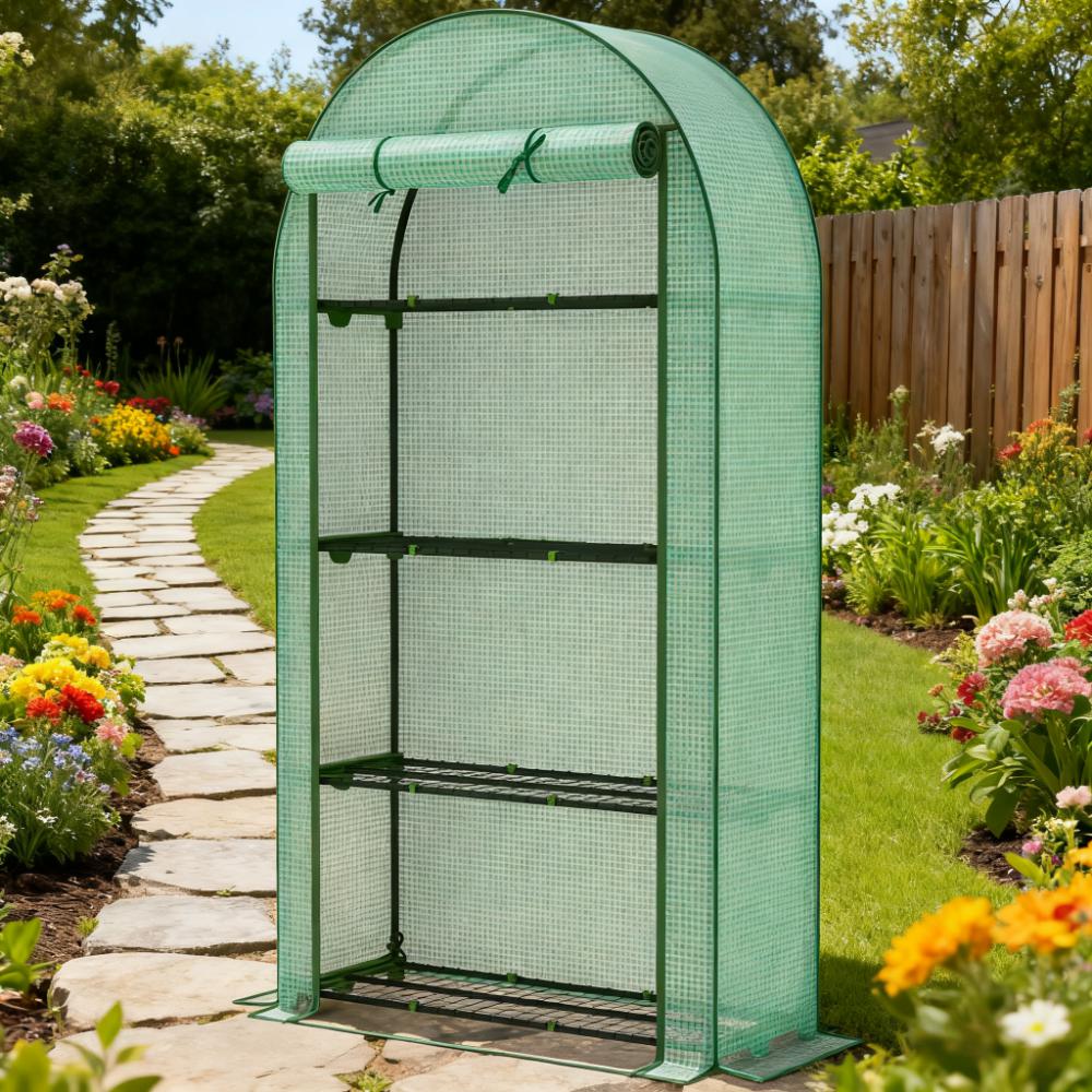 Portable Lean-To Greenhouse with 4 Shelves - Green