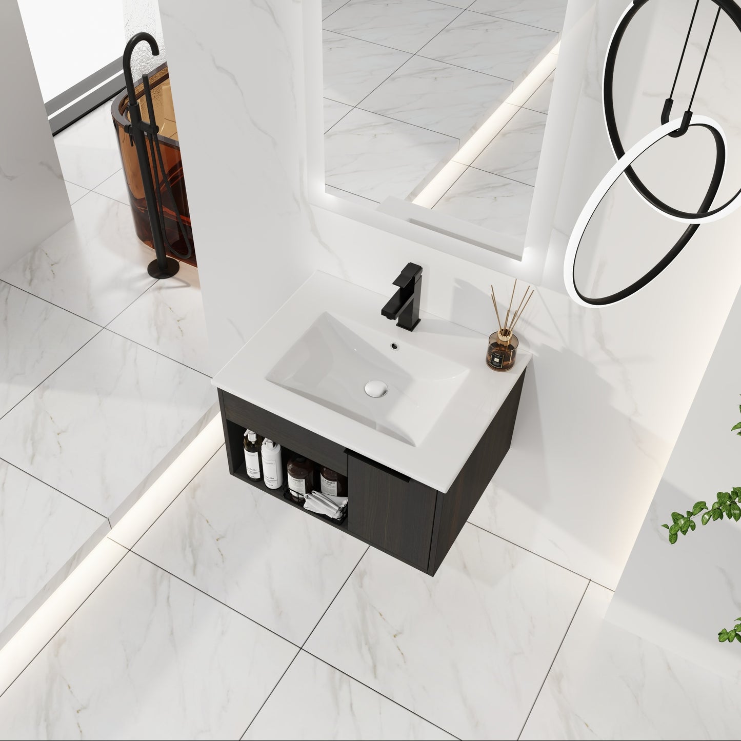 24" Wall-Mounted Bathroom Vanity with Ceramic Sink - Dark Oak
