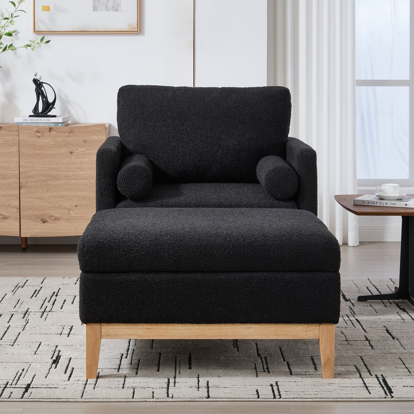 Farmhouse Upholstered Accent Arm Chair with Ottoman - Black Boucle