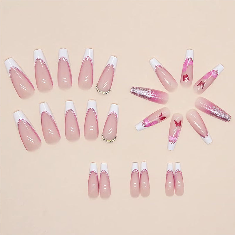 Long Square Press-On Nails with Butterfly Glitter Design - 24 Piece Set