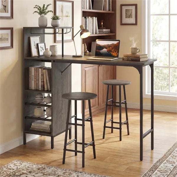 3-Piece Bar Table and Stools Set with Wine Storage - Oak