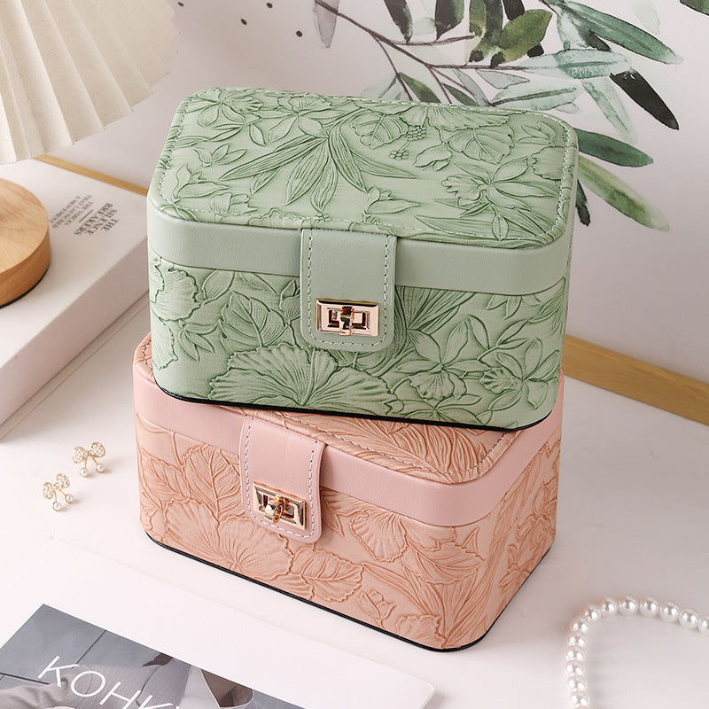 Leather Jewelry Storage Box with Patterned Design and Velvet Interior